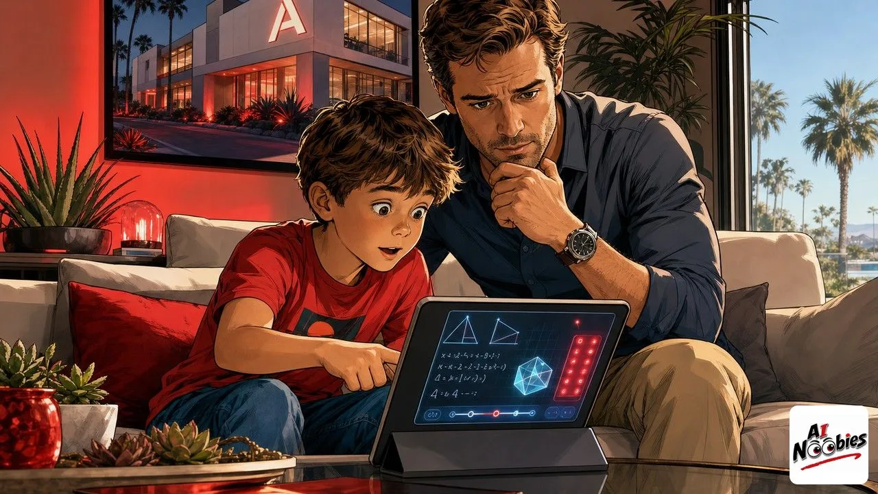 Alpha School parent and child in a California living room reviewing an AI tutoring tablet lesson