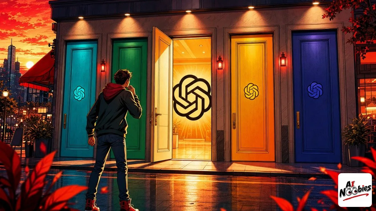 5 Free AI Chats a beginner should try in 2026 illustrated as five colorful storefronts on a shopping avenue