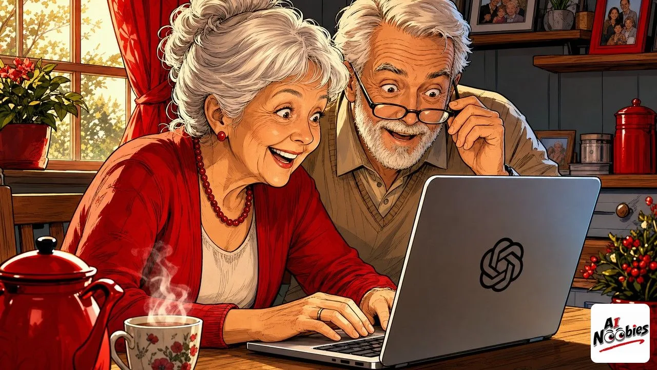 Grandparents smiling at a laptop with ChatGPT for Grandparents drafting a warm birthday card on screen