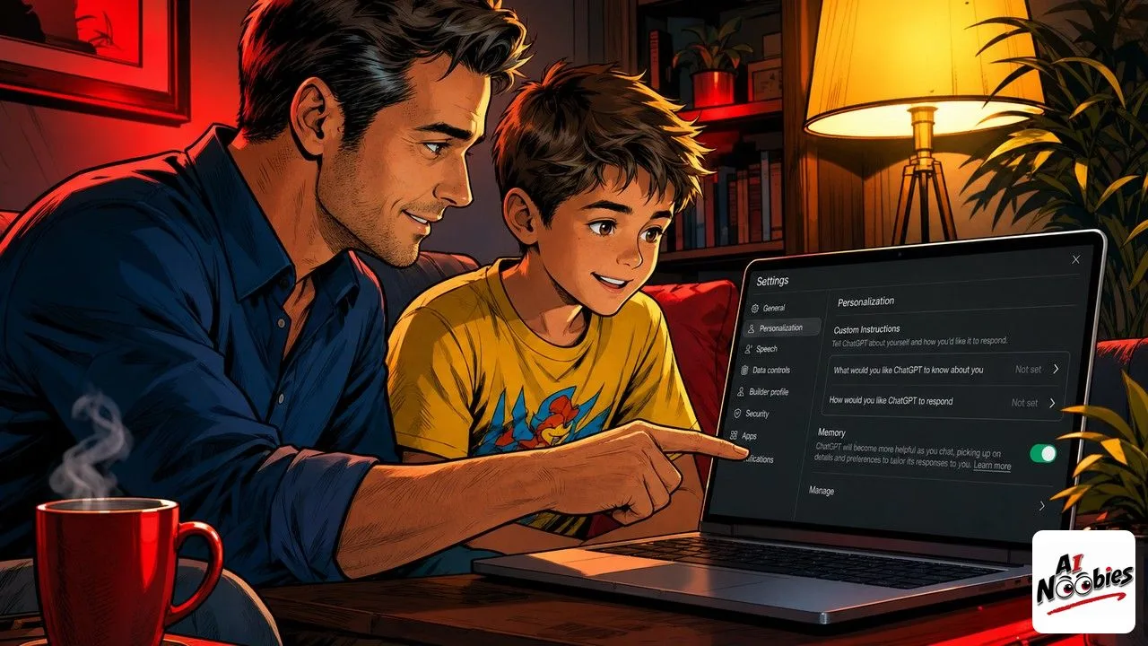 ChatGPT Setup for Kids: parent and child reviewing Custom Instructions on a laptop at home