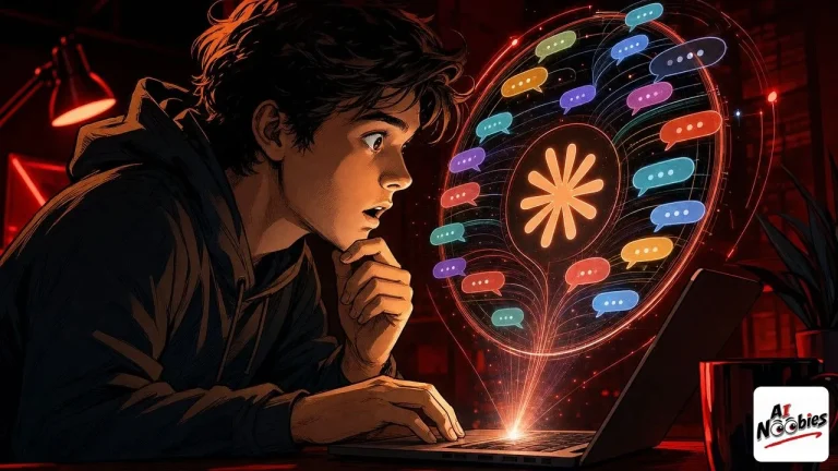 Claude Reflect mirror floating above a beginner laptop with past AI conversation bubbles and orange Claude star glowing