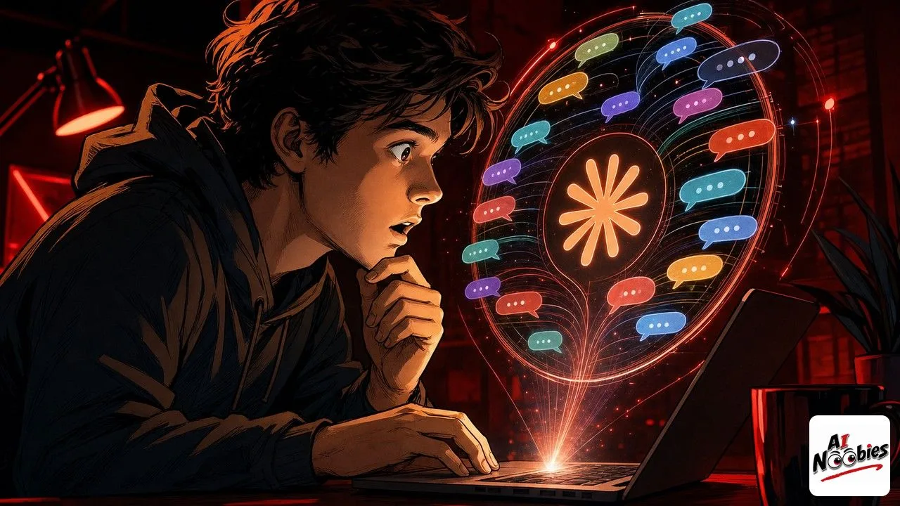 Claude Reflect mirror floating above a beginner laptop with past AI conversation bubbles and orange Claude star glowing
