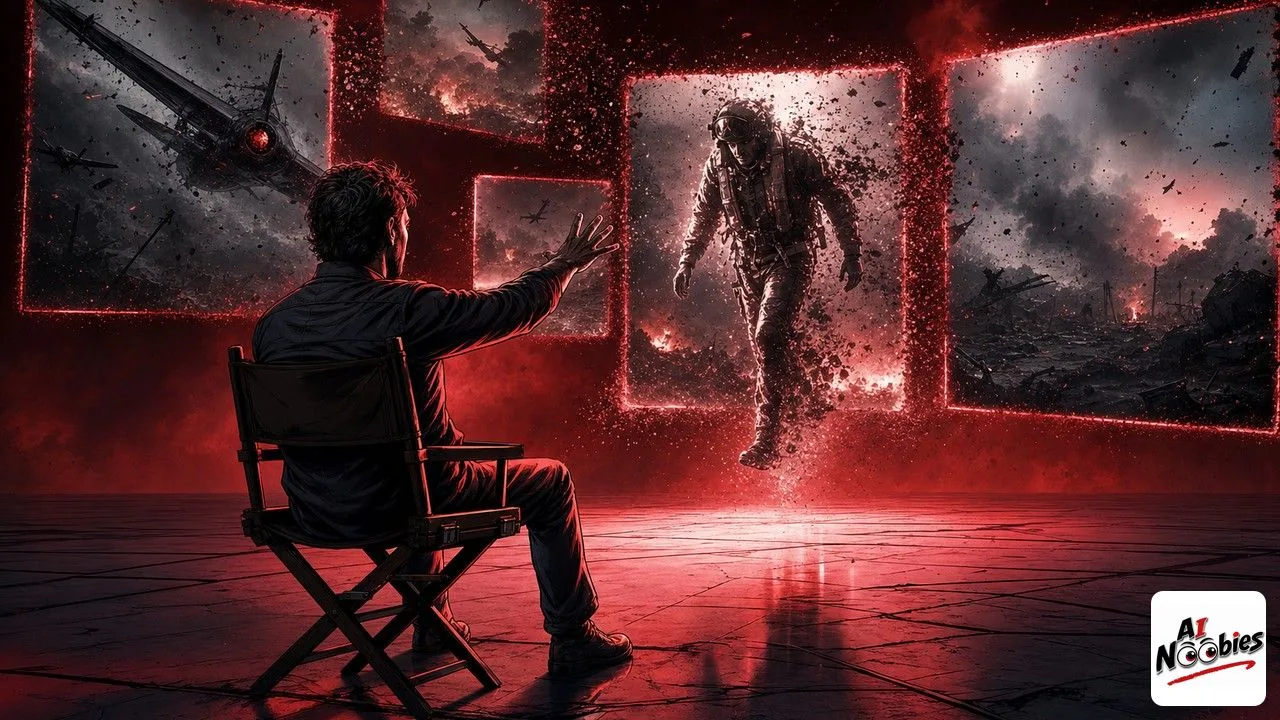 AI Movie director conjuring cinematic battlefield frames on an empty film set from thin air
