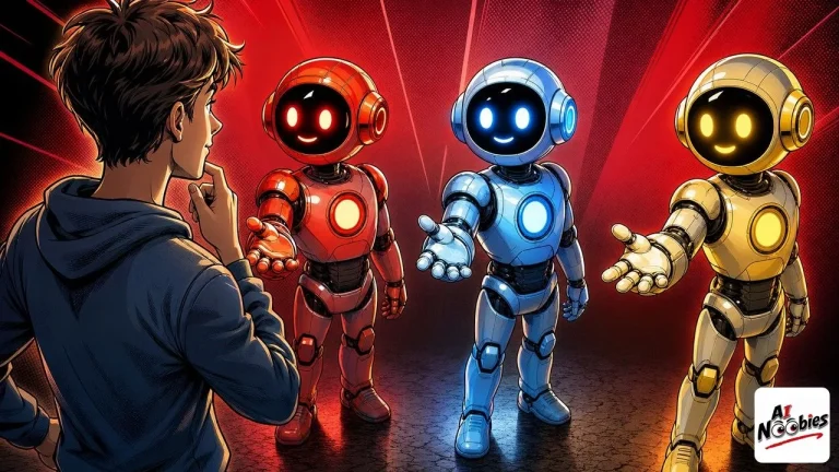 Free AI chatbot choice shown as a beginner facing three friendly robot assistants side by side