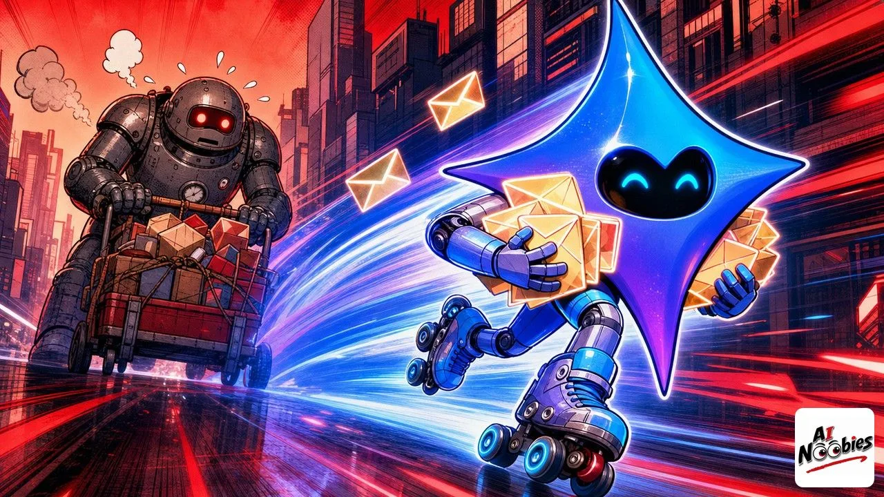 Gemini 3.6 Flash shown as a quick nimble AI messenger outrunning a heavy slow robot in a race