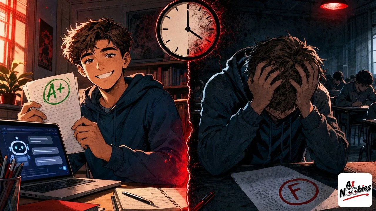 Homework With AI beginner student sitting exam room test scores drop after LLM tools classroom scene