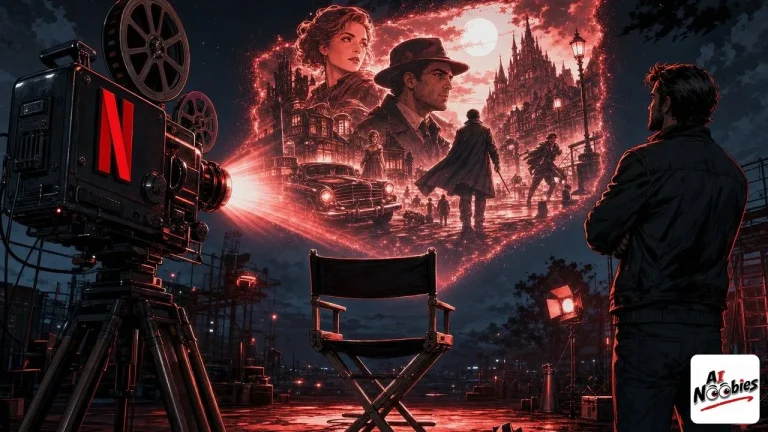 InterPositive AI projector painting a full film scene onto an empty night film set