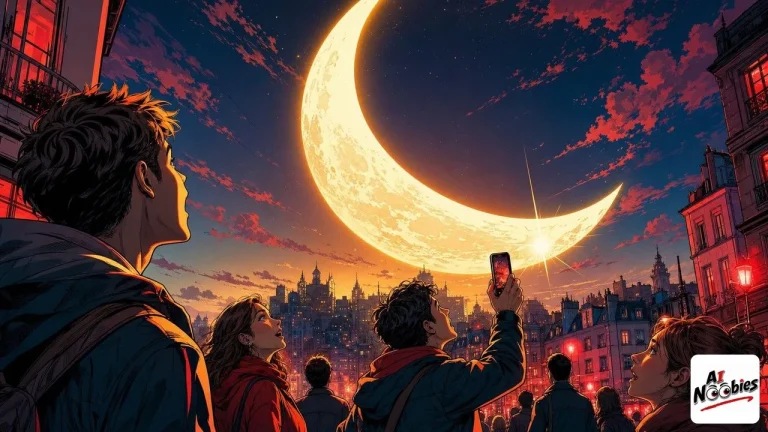 Kimi crescent moon rising over a city skyline as beginners look up in wonder