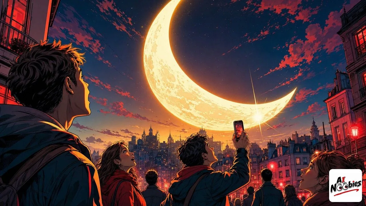 Kimi crescent moon rising over a city skyline as beginners look up in wonder