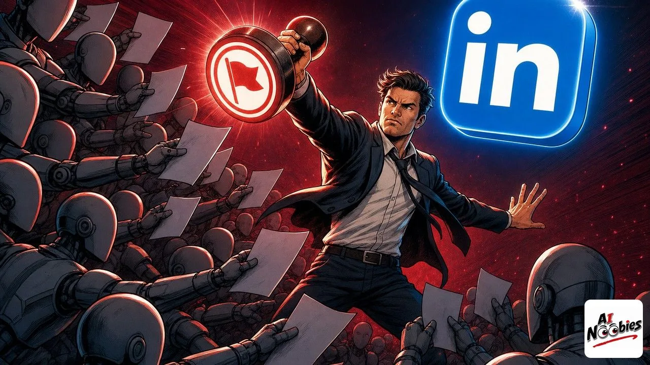AI slop report button on LinkedIn shown as a worker pushing back a wave of faceless robot posts