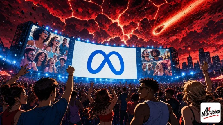 Meta AI Ad glowing on a billboard over a happy crowd beneath a dark doomsday sky