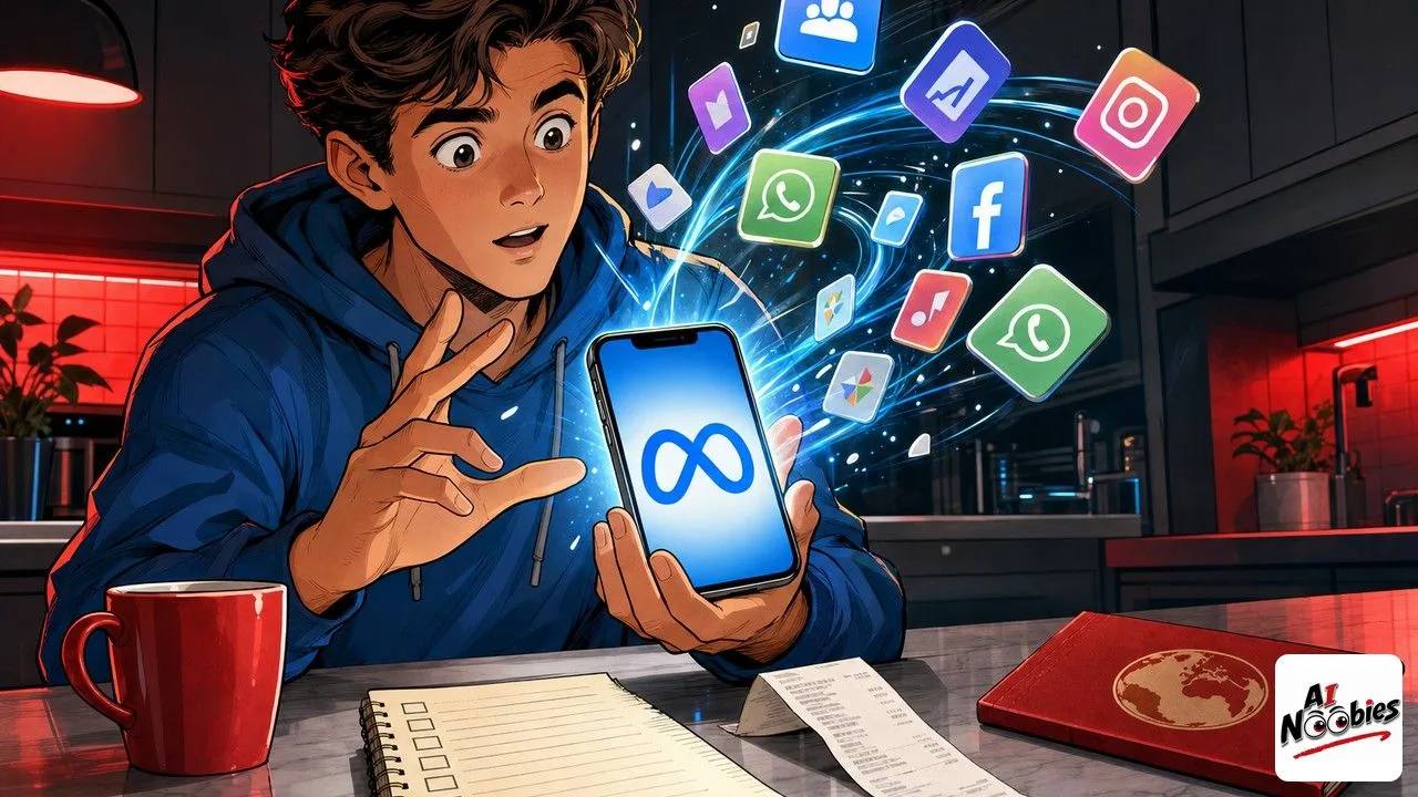 Muse Spark beginner discovering AI opening apps by itself on a kitchen counter smartphone in wonder