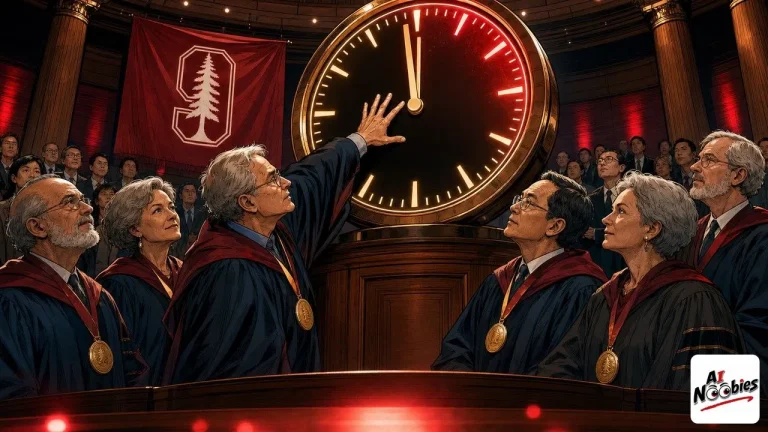 Nobel Winners in economics facing a countdown clock in front of a rising AI curve on a big screen
