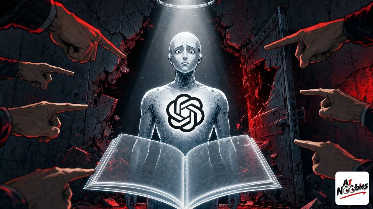 OpenAI AI figure under a spotlight facing an empty ledger as hands point at it
