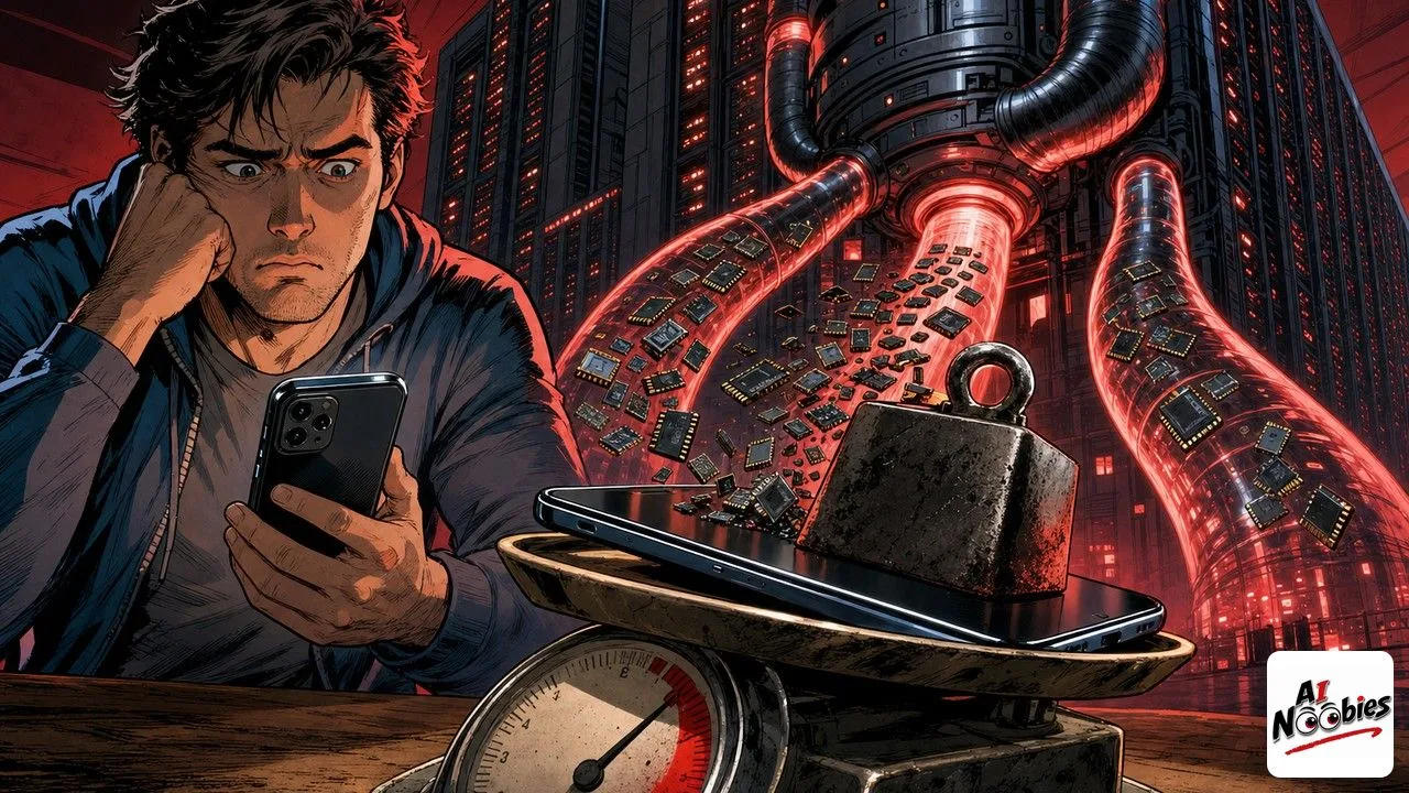 A giant AI data center siphoning memory chips away from a small smartphone balanced on a price scale
