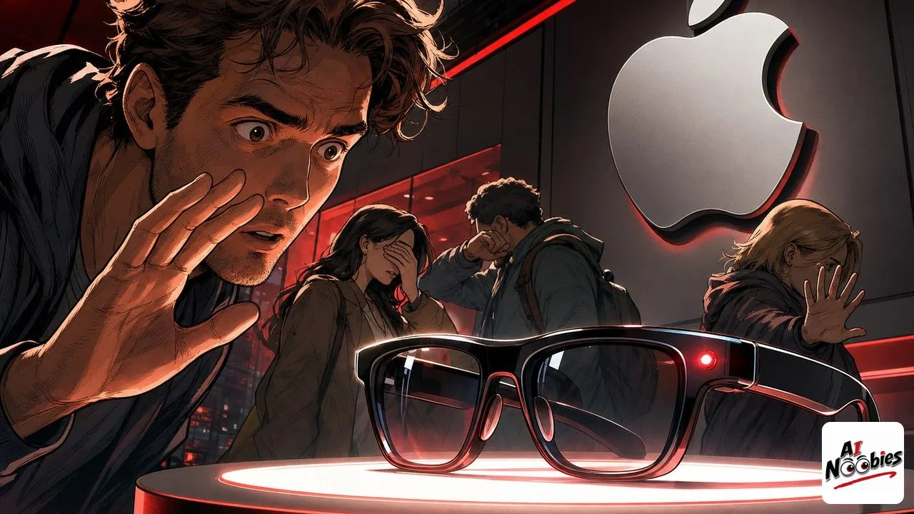 A pair of Apple smart glasses on a stand with a glowing recording light as bystanders glance over warily