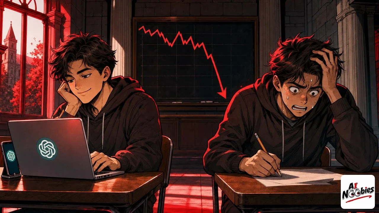 Brown Grades falling on a classroom board as students face a paper-only exam without AI