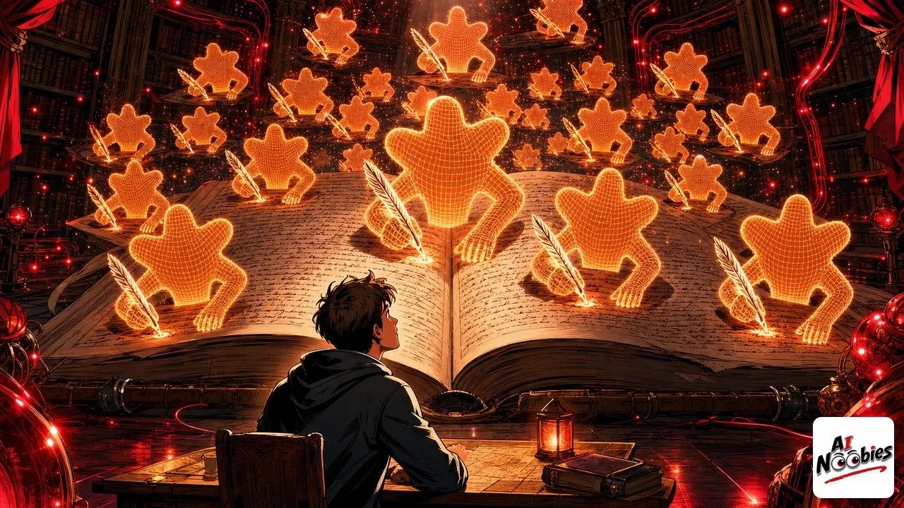 Claude Fable 5 orange stars writing code in an oversized medieval scriptorium with red curtains and glowing cables