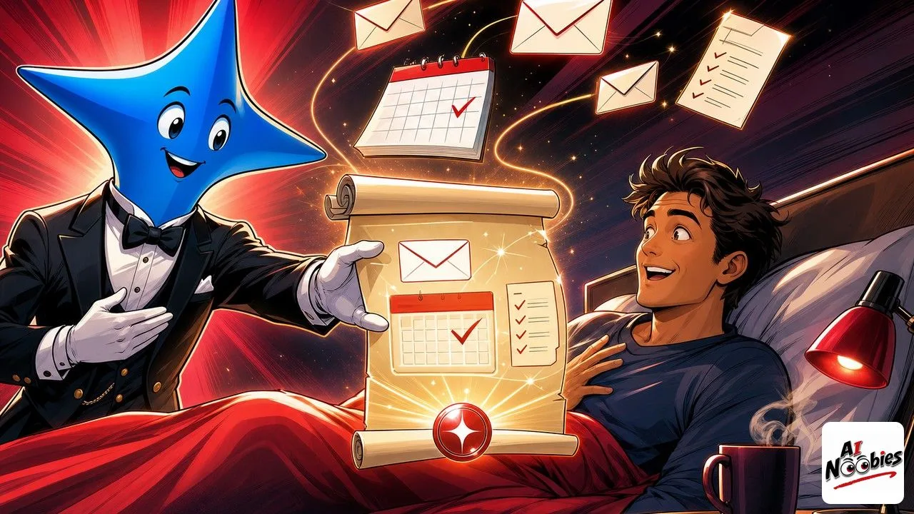 Gemini Daily Brief as a friendly star handing a morning summary to a waking user