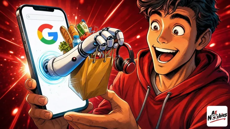 Google AI Mode robotic hand handing groceries and earbuds from a smartphone