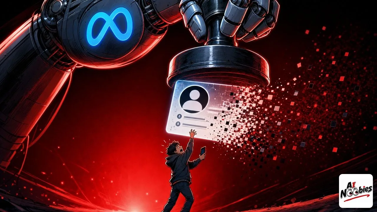 Meta AI moderation robot judge stamping user profile cards while a worried person watches their account vanish