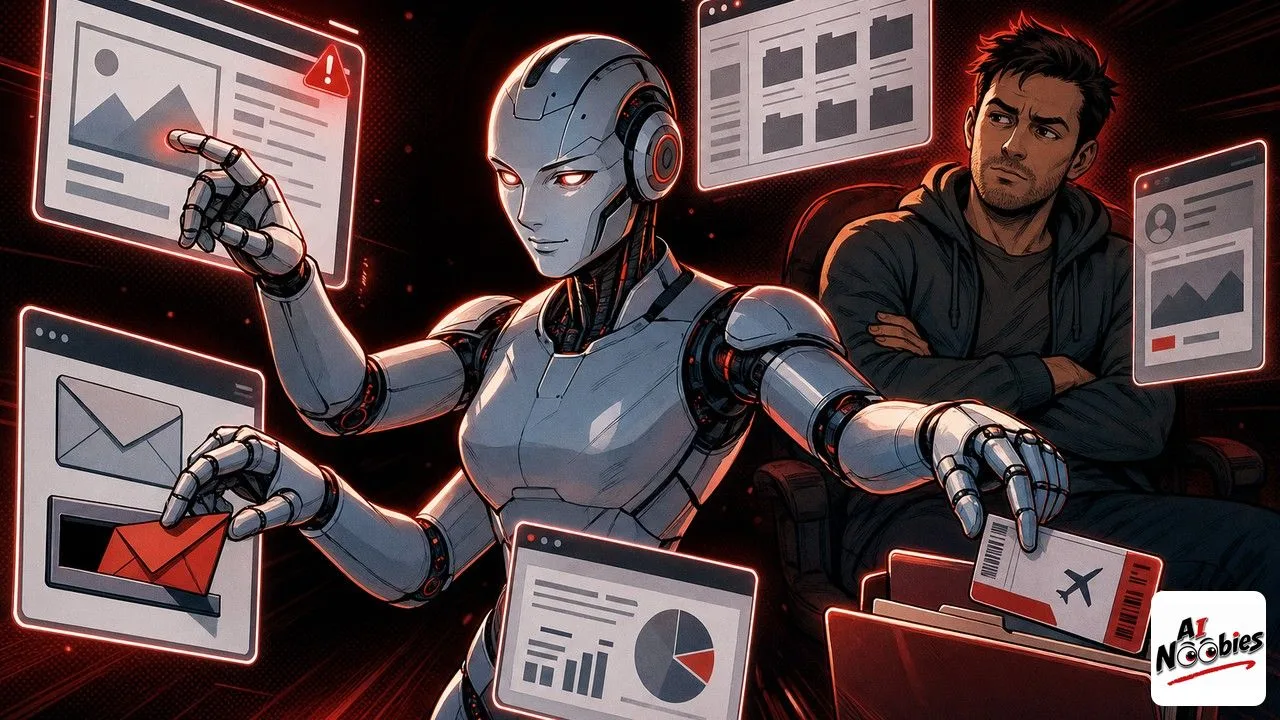 AI Agent assistant clicking browsers and handling tasks while a wary human watches over its shoulder