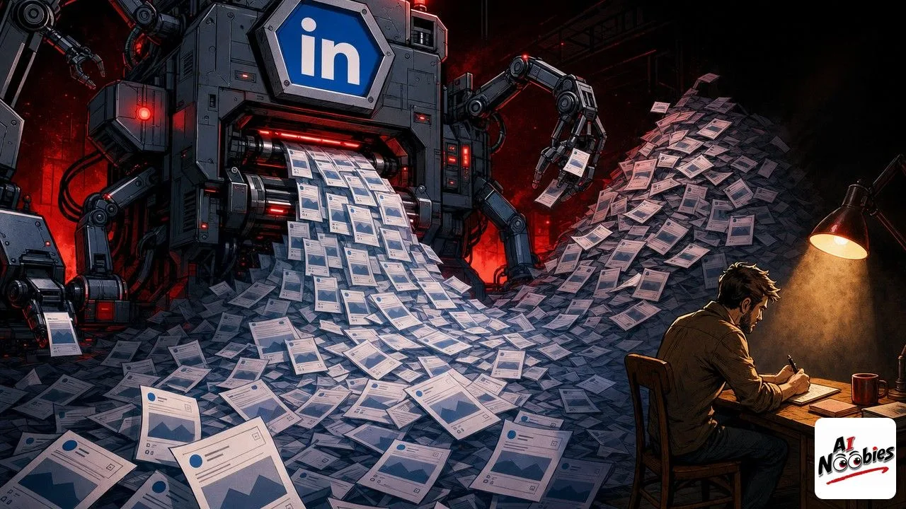 AI-written posts pouring out of a giant robot typewriter onto a crowded social feed while one human writer stands apart