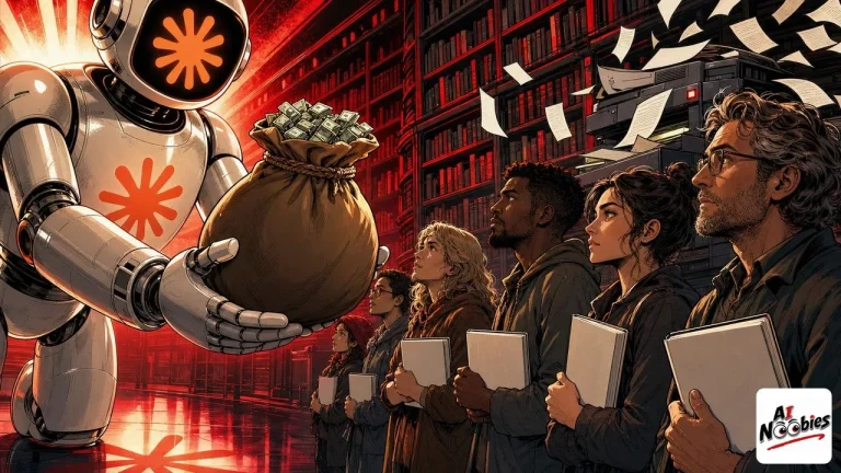 Claude robot handing a money bag to authors holding books over a pirated book payout