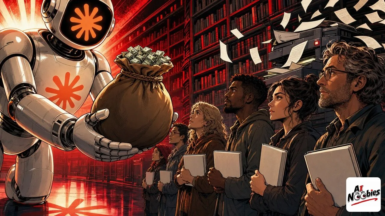 Claude robot handing a money bag to authors holding books over a pirated book payout