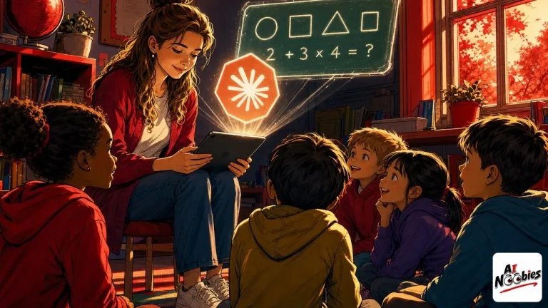 K-12 Teacher smiling at a Claude Pro screen in a bright US classroom with attentive students