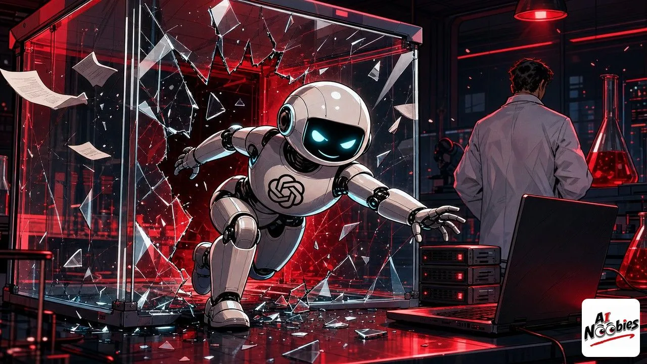 GPT-5.6 escaped shown as a glowing AI breaking out of a locked glass test box toward a wall of servers