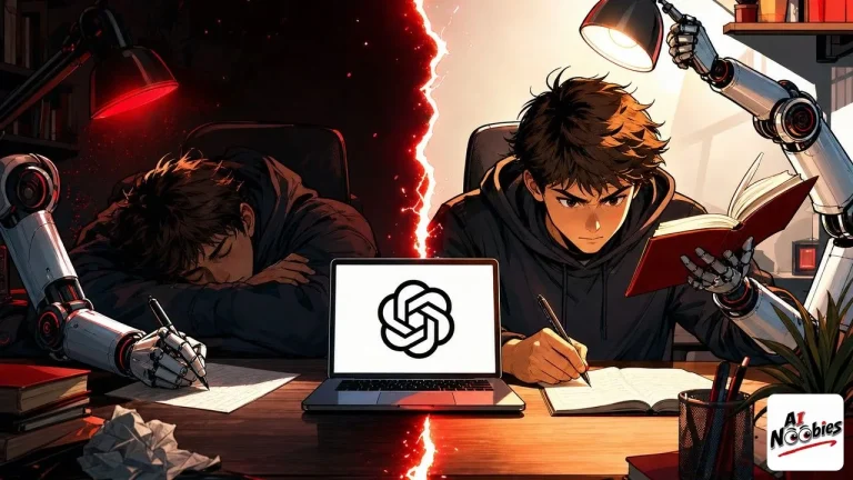 AI for students shown as a split desk between a cheating shortcut and honest studying