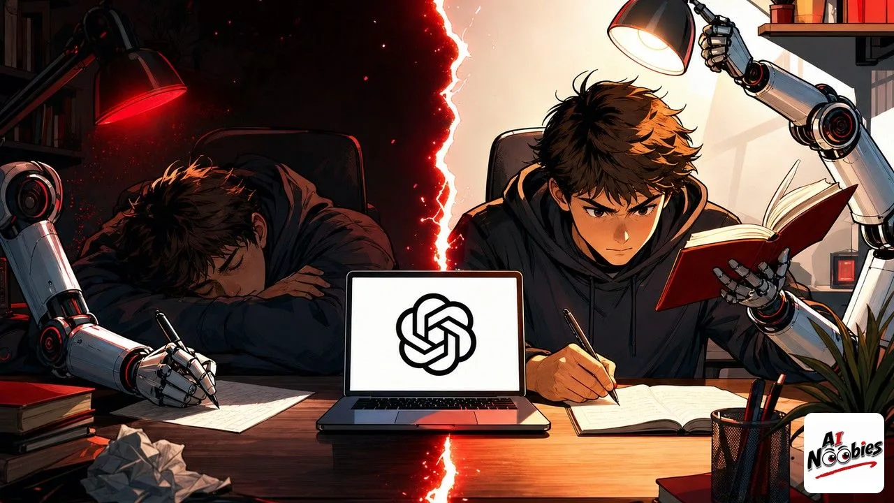 AI for students shown as a split desk between a cheating shortcut and honest studying