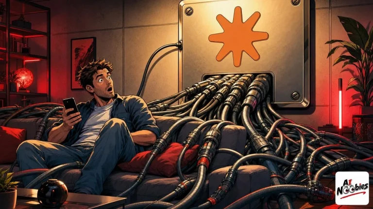AI agent power shown as one thin cable entering a wall socket and dozens of thick cables pouring out