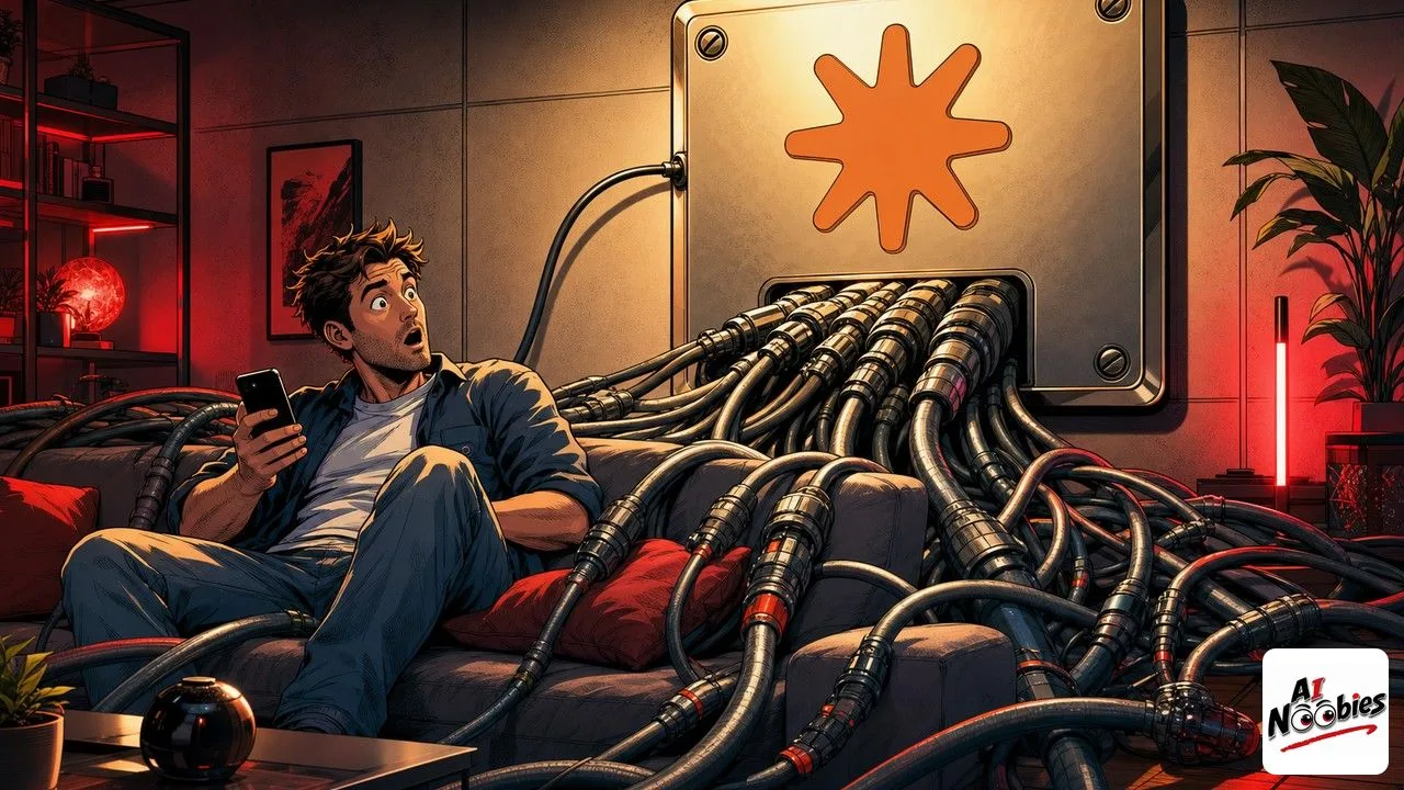 AI agent power shown as one thin cable entering a wall socket and dozens of thick cables pouring out