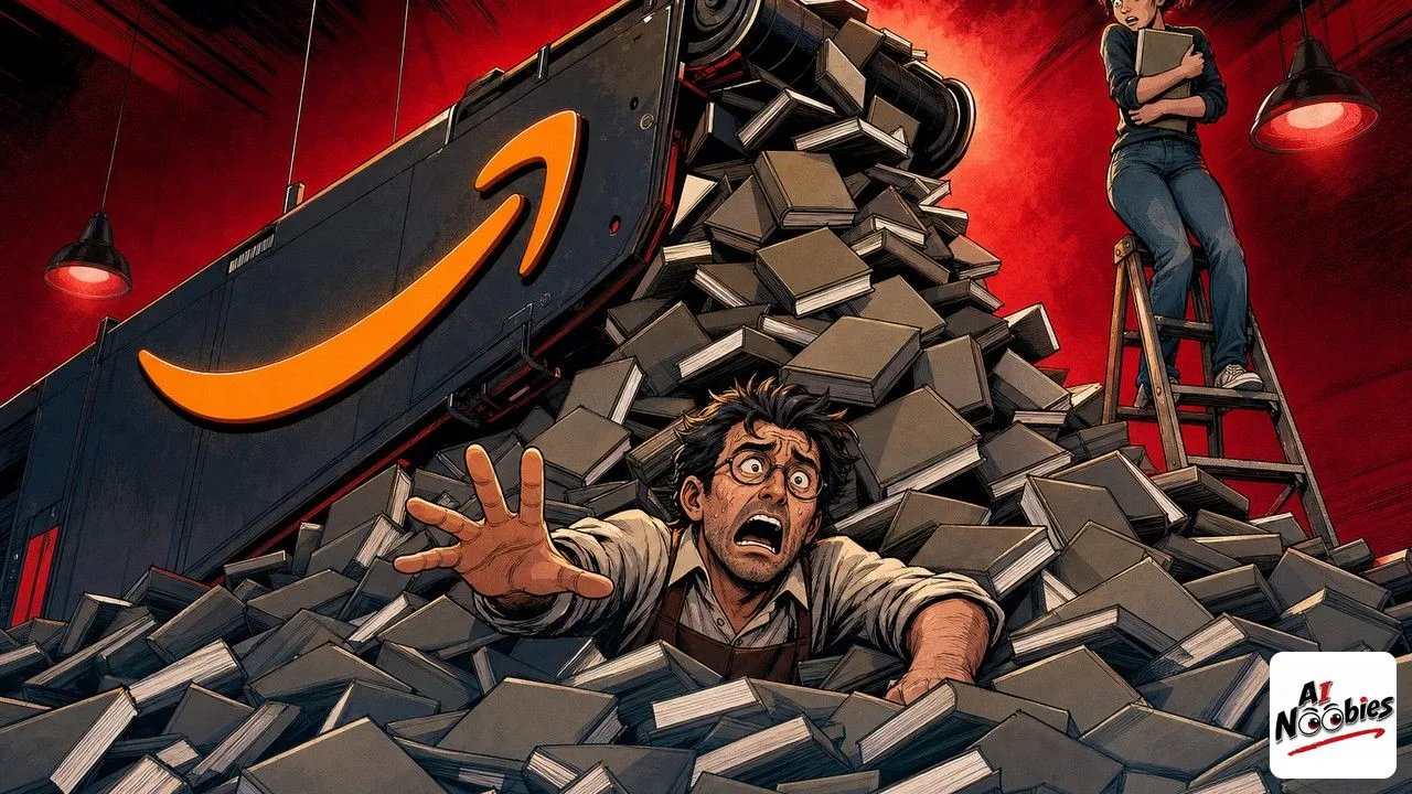 AI books pouring off a conveyor and burying a bookseller as an author watches