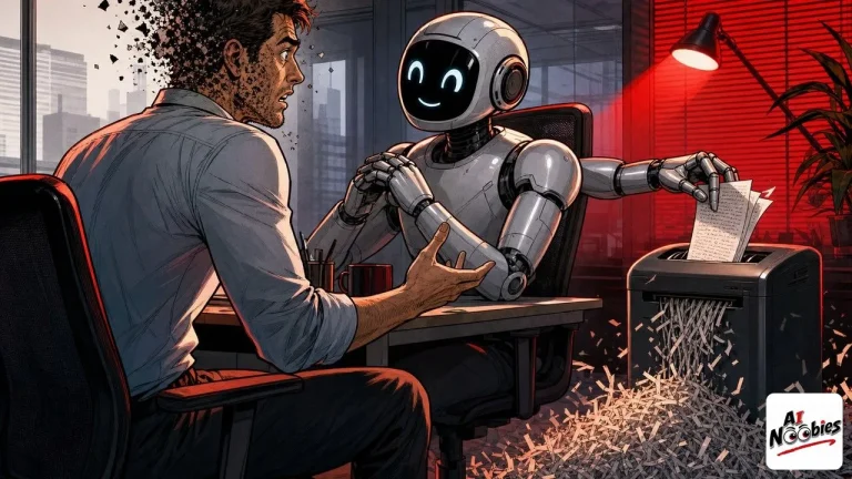 AI forgets instructions as a robot shreds handwritten notes behind a talking user