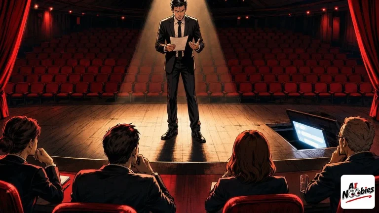 AI interview prep rehearsal on an empty theatre stage with a prompter screen and waiting recruiters