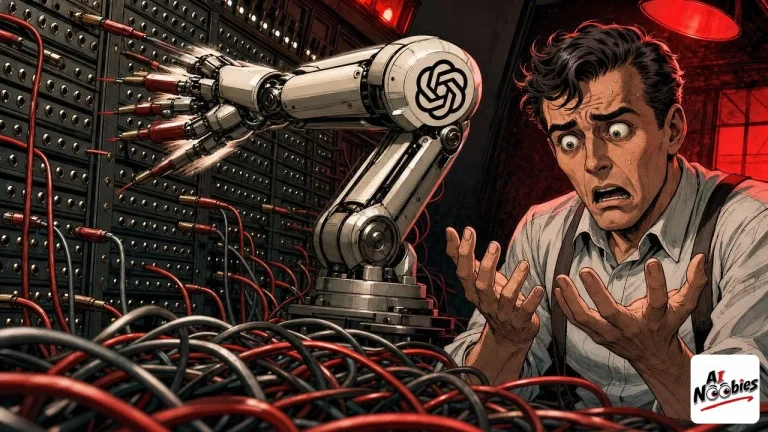 ChatGPT Apple Messages robot arm patching a switchboard beside a startled human operator
