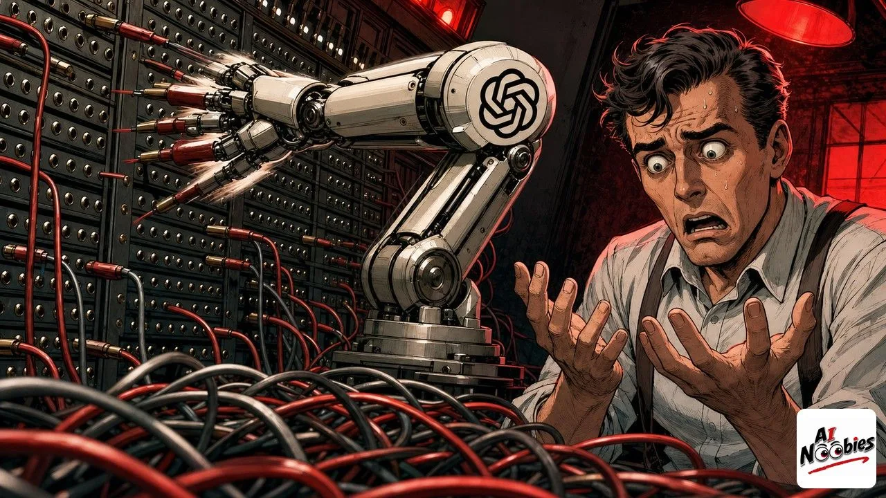 ChatGPT Apple Messages robot arm patching a switchboard beside a startled human operator