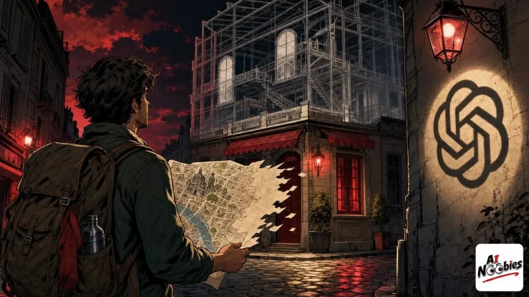 ChatGPT trip planning traveller holding a half-dissolving map before a half-built hotel