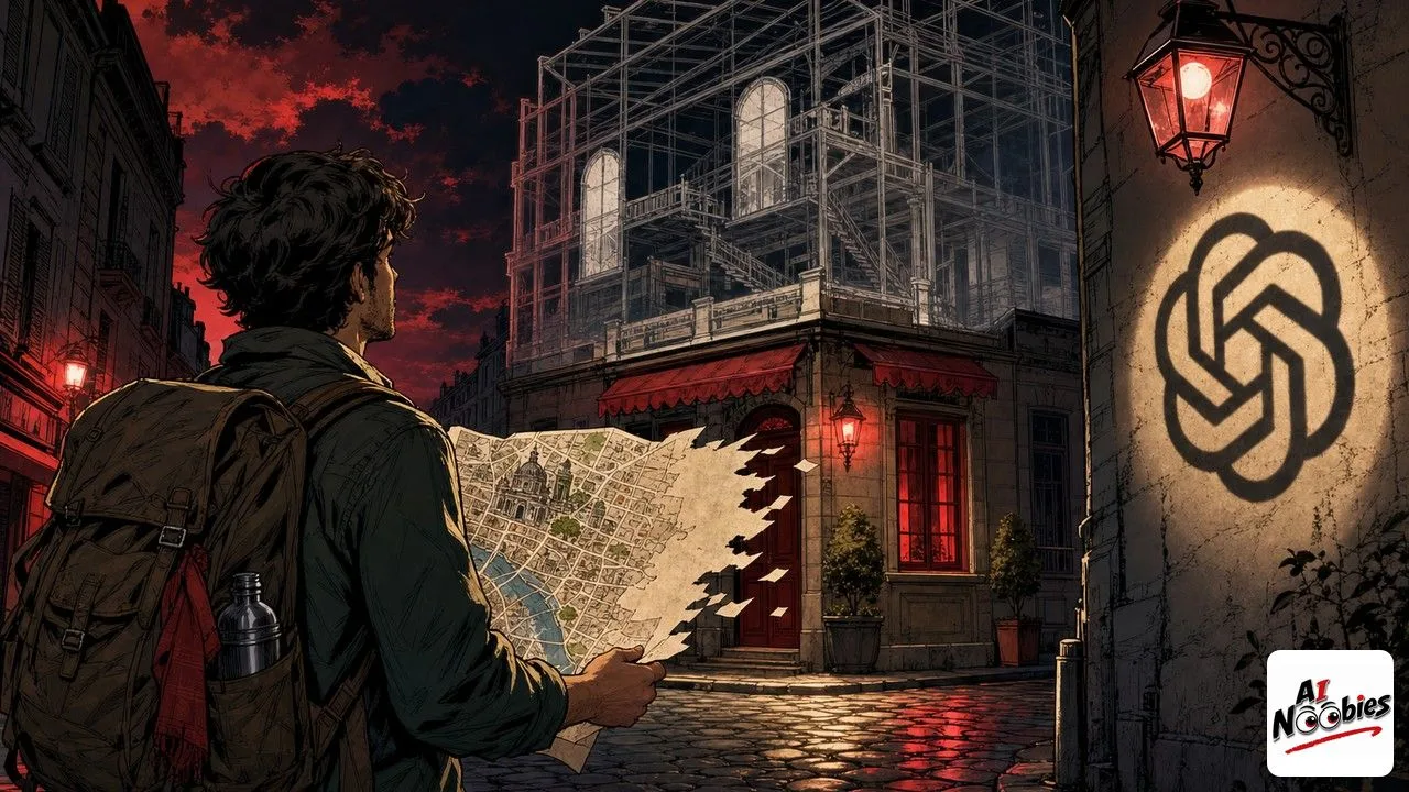 ChatGPT trip planning traveller holding a half-dissolving map before a half-built hotel