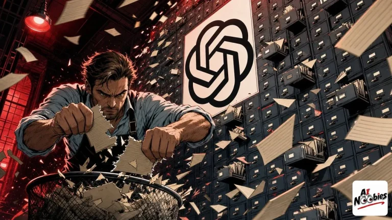 Delete ChatGPT memory scene with a filing clerk shredding personal index cards from a towering cabinet