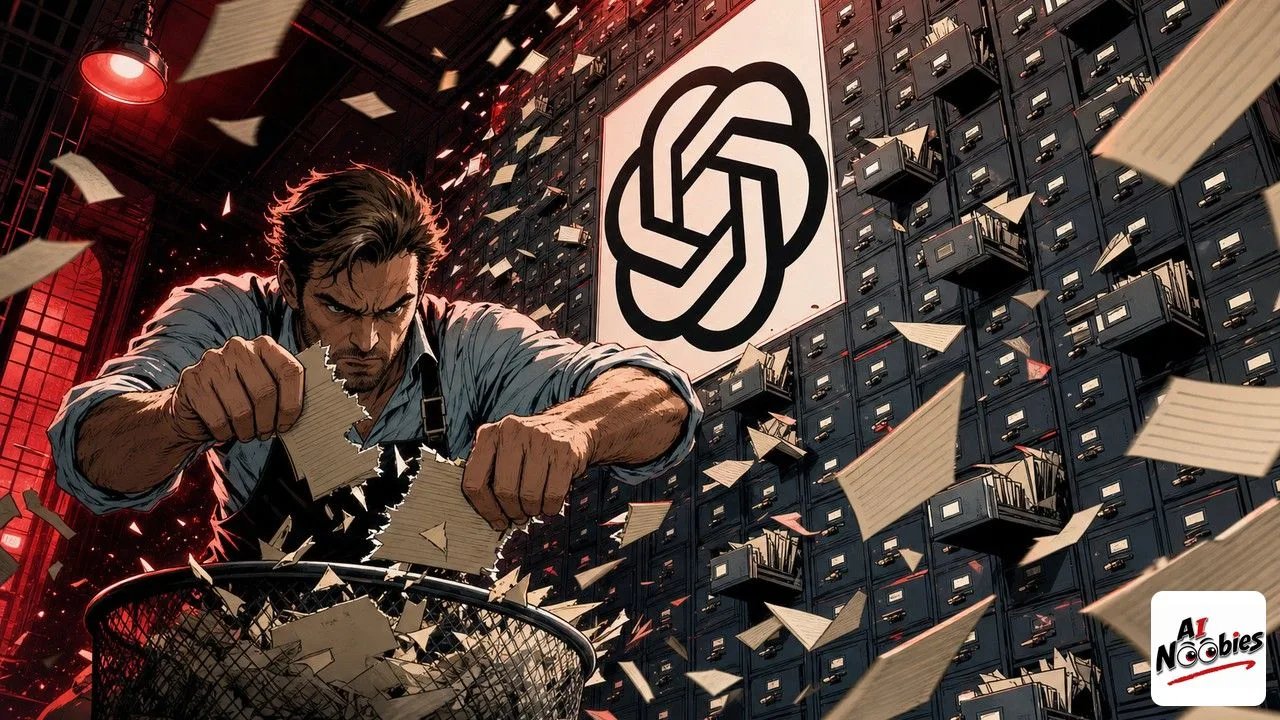 Delete ChatGPT memory scene with a filing clerk shredding personal index cards from a towering cabinet