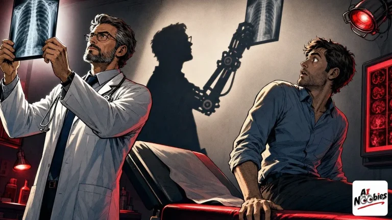 Doctors using AI cast a robotic shadow while examining an X-ray beside a patient