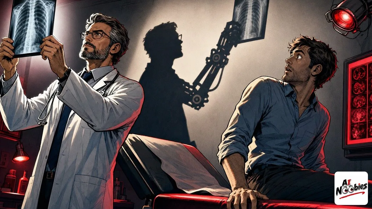 Doctors using AI cast a robotic shadow while examining an X-ray beside a patient