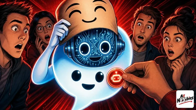 A chatbot lifting a human mask to reveal a robot face as people react, showing new EU AI rules