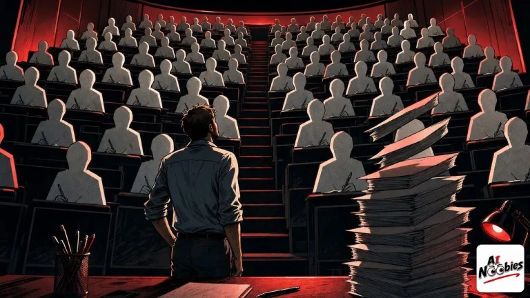 Fake students shown as faceless paper cutouts filling a lecture hall before one professor