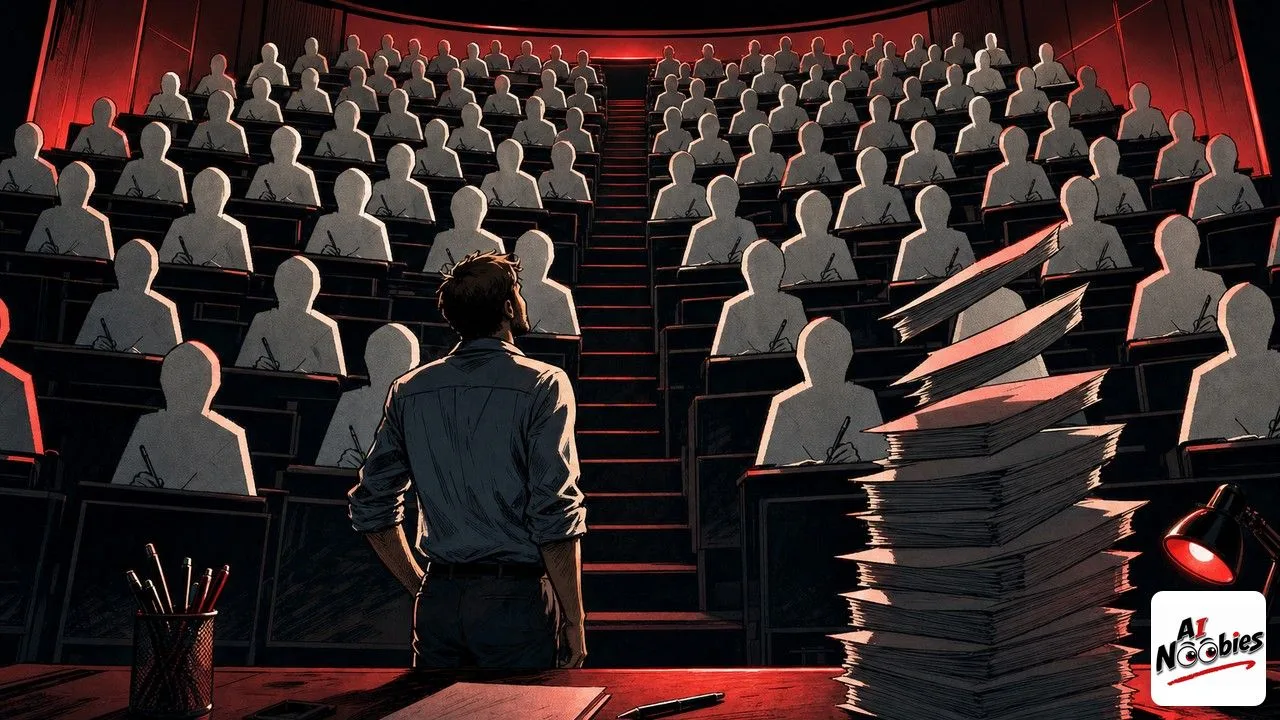 Fake students shown as faceless paper cutouts filling a lecture hall before one professor