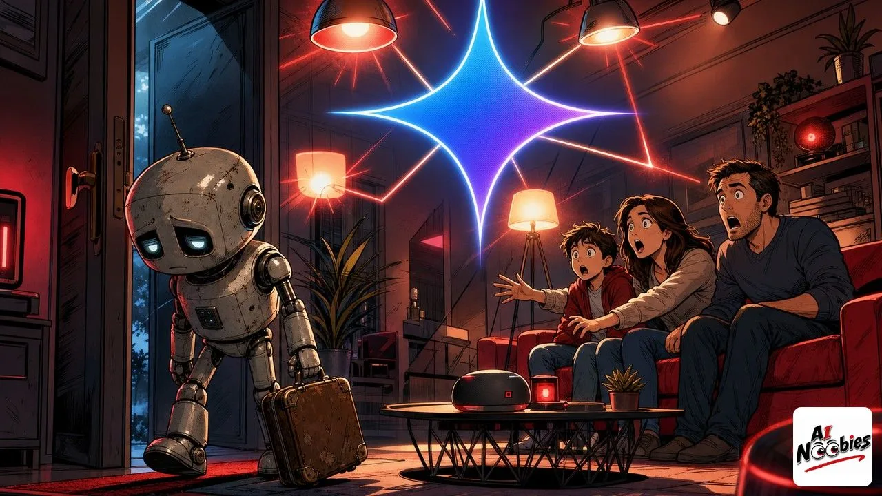 Google Assistant leaving a family home with a suitcase as a Gemini star lights every lamp